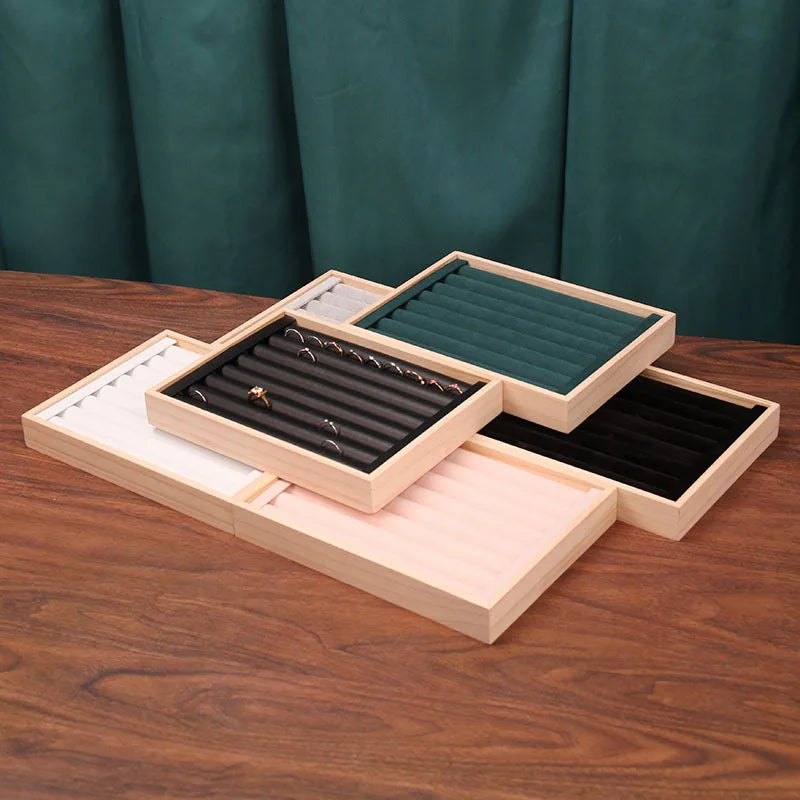 Solid Wood Small Flannel Ring Display Plate, Stud Earrings, Bracelet, Storage and Finishing Box, Ring Jewelry