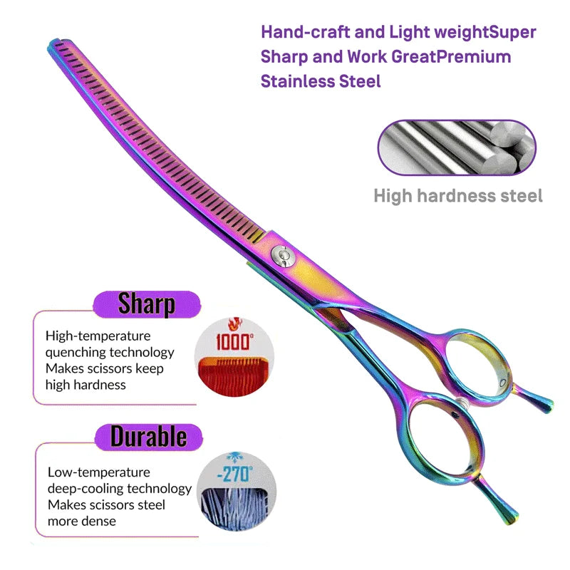 Forbici curve e sfoltenti per cani 7" – Design colorato professionale