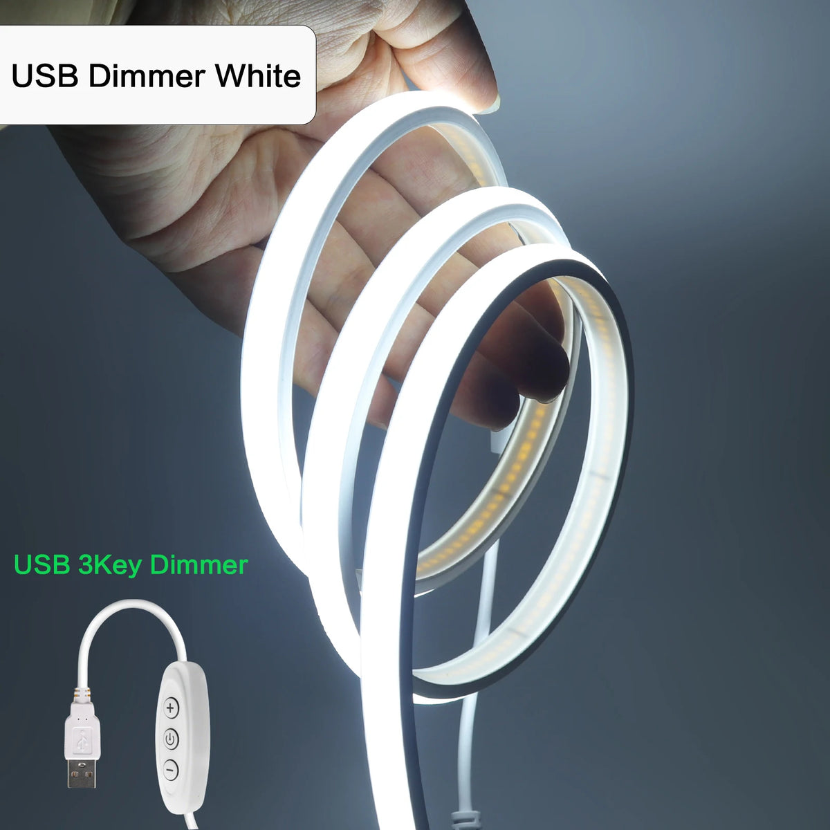 Striscia LED Neon 5V USB, 320 LED/m, dimmer, IP68, luce calda/bianca
