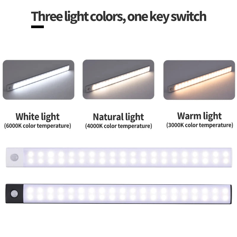Lampada LED ricaricabile con sensore di movimento 3 colori per cucina e armadi