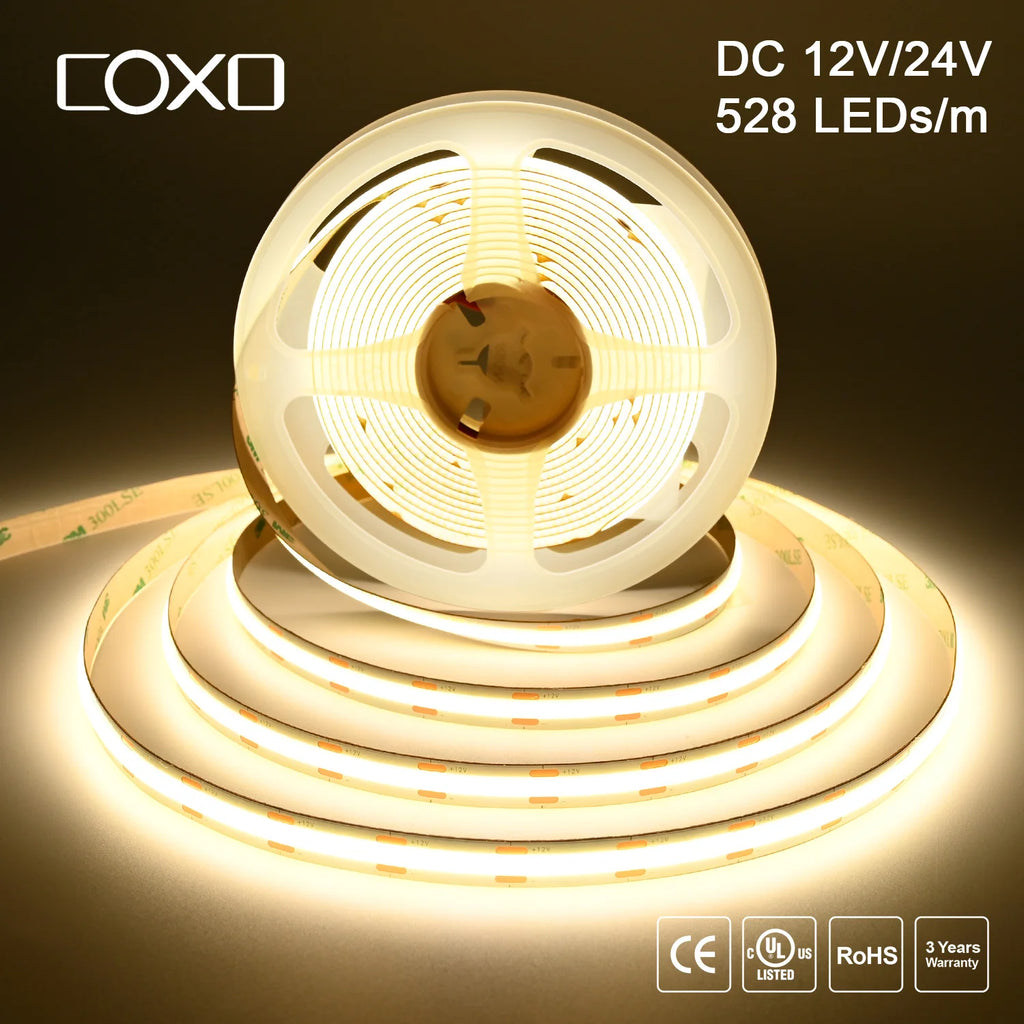 Striscia LED COB dimmerabile 12V/24V 528 LED/m, alta densità, Ra>90, 3000‑6500K