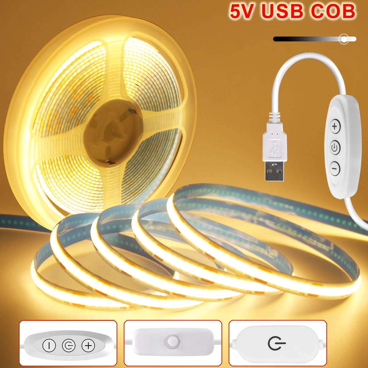 Striscia LED COB 5V USB dimmerabile, 320 LED/m, luce bianca regolabile