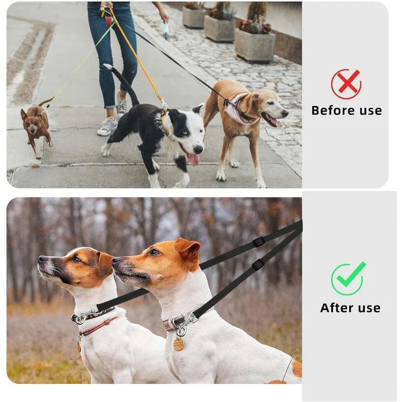 Guinzaglio doppio in nylon rinforzato V‑shape regolabile per due cani, colorato