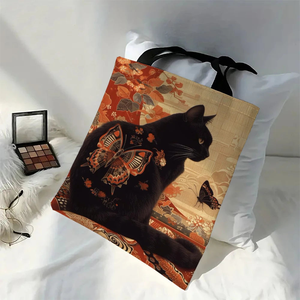 Borsa tote quadrata in lino bianco e nero con stampa gatto – shopper…