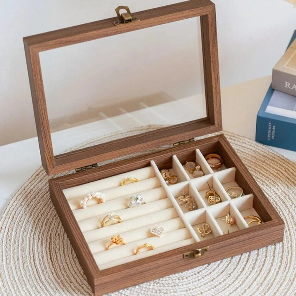 Convenient Elegant Wood Jewelry Box Glass Lid Dust-proof Earrings Display Tray Storage Box Velvet Jewelry Organizer Home
