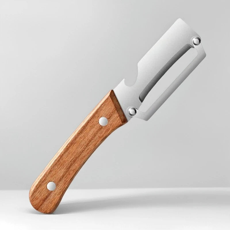 Slicer in acciaio inox con manico rovere – taglio, sbucciatura e apribottiglie