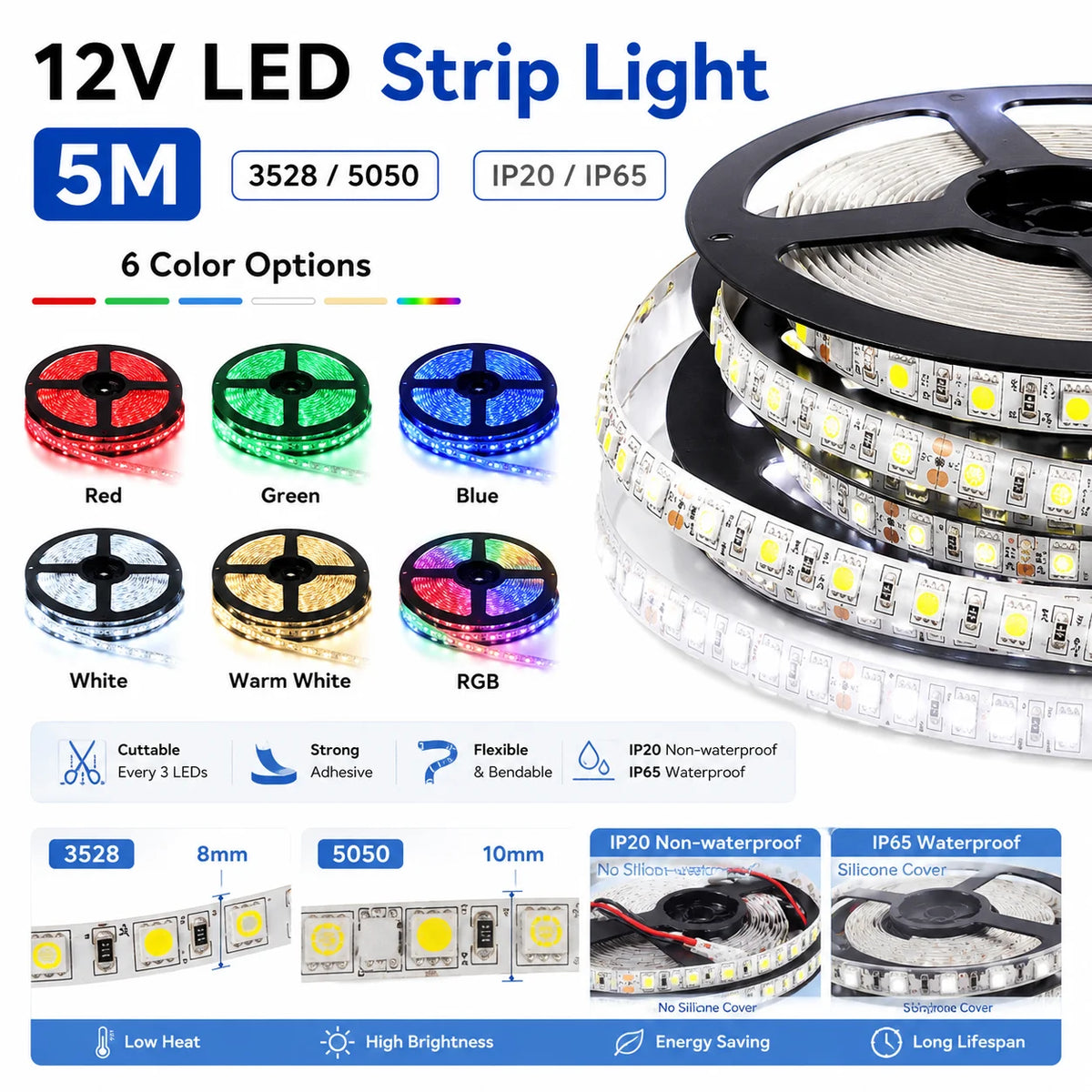 Striscia LED RGB 12V 5 m, 3528/5050, rosso, verde, blu e bianco caldo