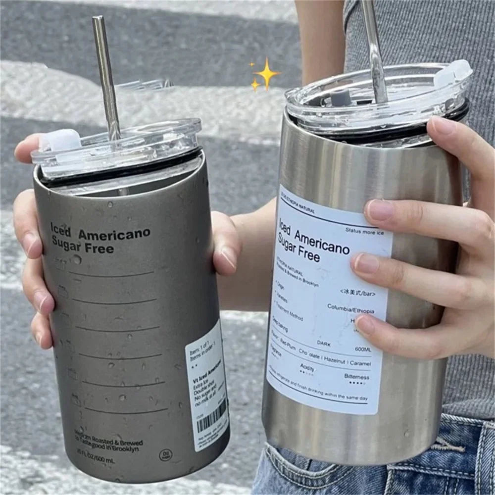 Thermos 600 ml acciaio inox 304, tazza termica con cannuccia, portatile