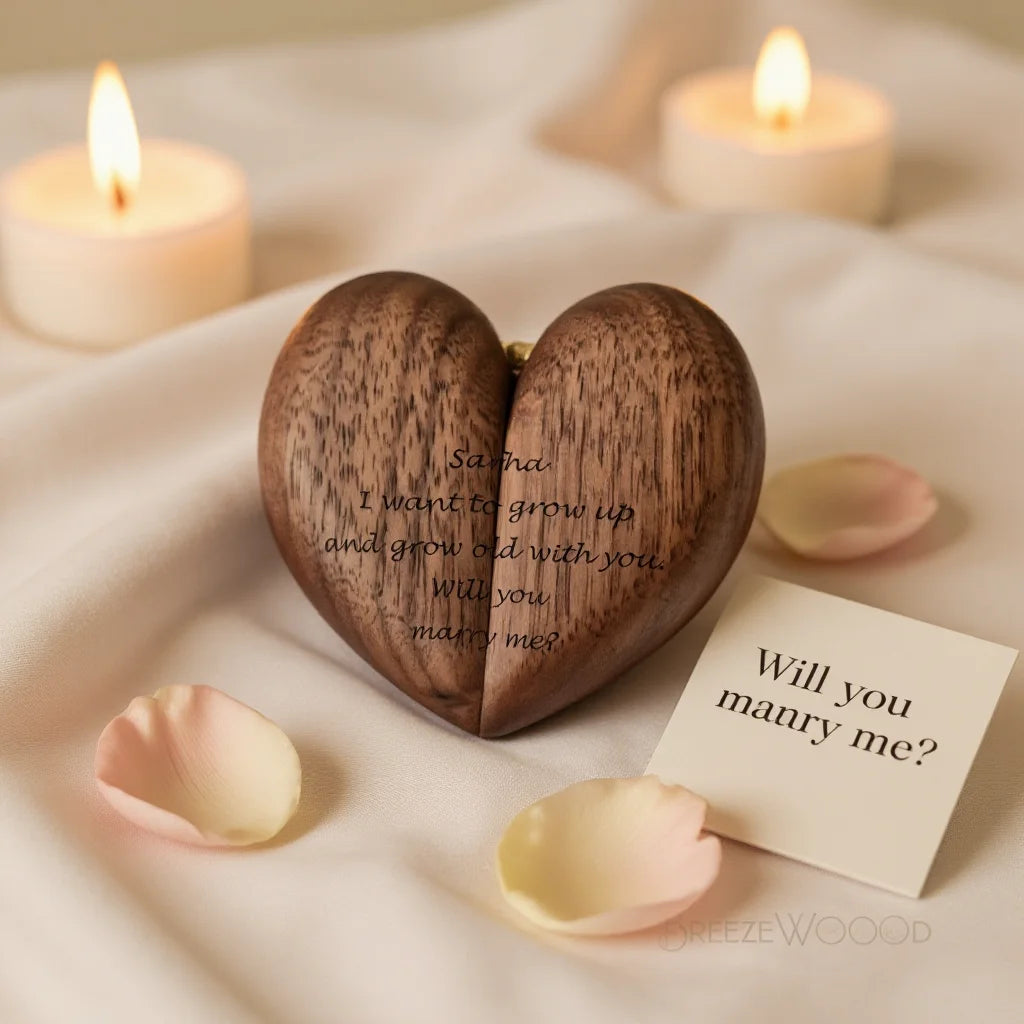 Heart Shaped Ring Box Black Walnut Wood Jewelry Case Engraved Names Date Romantic Gift for Her Girlfriend Wife