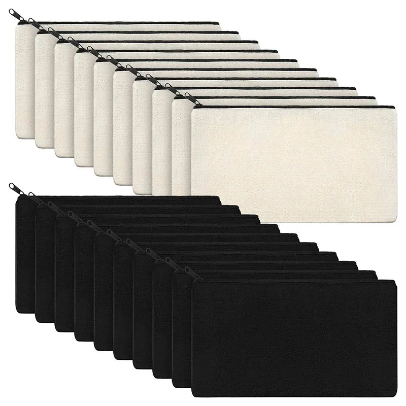 Set da 10 Borse in Canvas Beige con Cerniera – Porta Matite, Trucco e Accessori