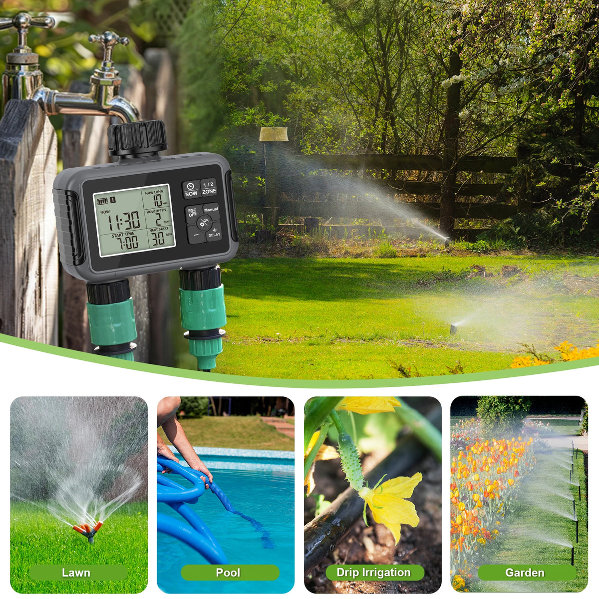 Timer 2 zone per irrigazione – risparmio acqua, modalità auto, manuale, pioggia