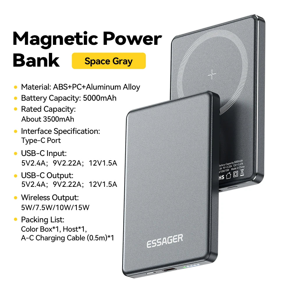 Power Bank Wireless 5000 mAh 20 W Ultra‑Thin con Magnete N52 per iPhone 14‑17