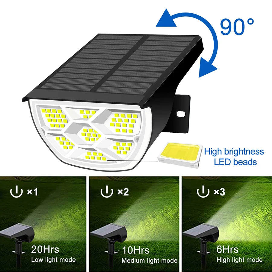 Spotlight solare LED 72 LED IP65, 3 modalità luce, installazione semplice