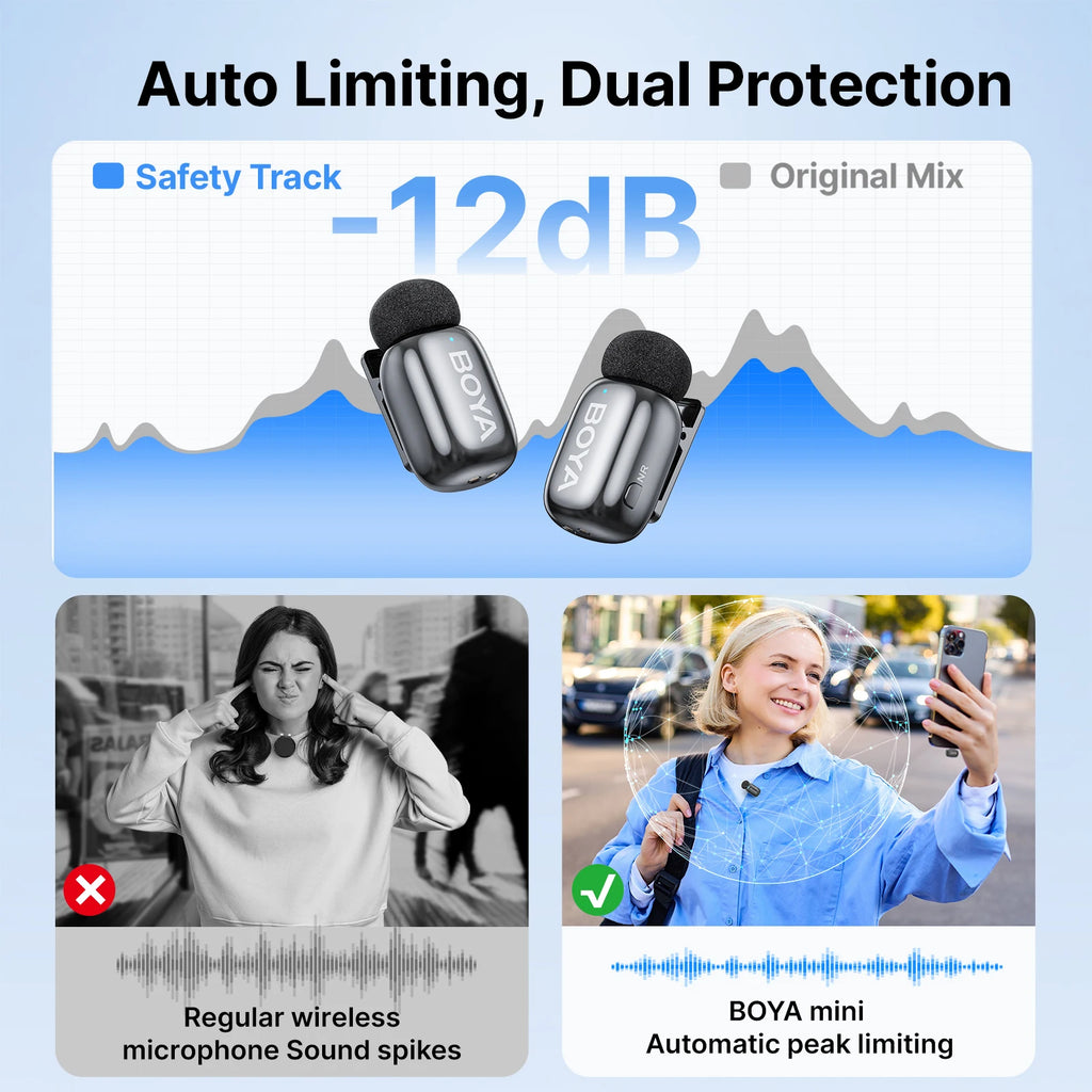 Microfono Lavalier Wireless Mini – Riduzione Rumore AI, iPhone e Android