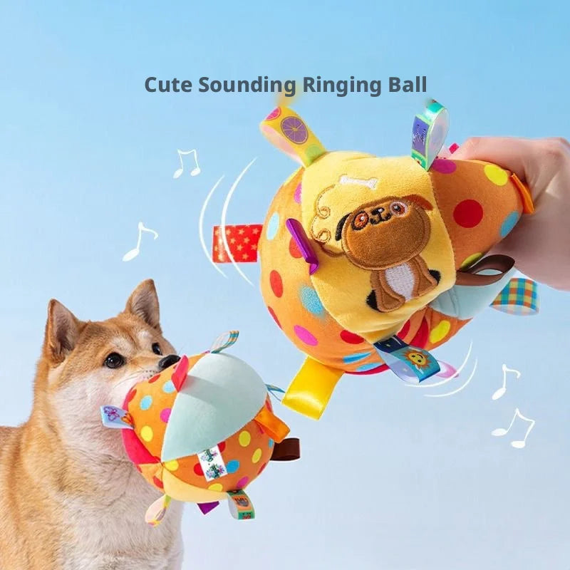 Squeaky Plush Dog Ball Toy With Colorful Ribbons Bite Resistant Interactive Chew Toy For Puppy Training Play