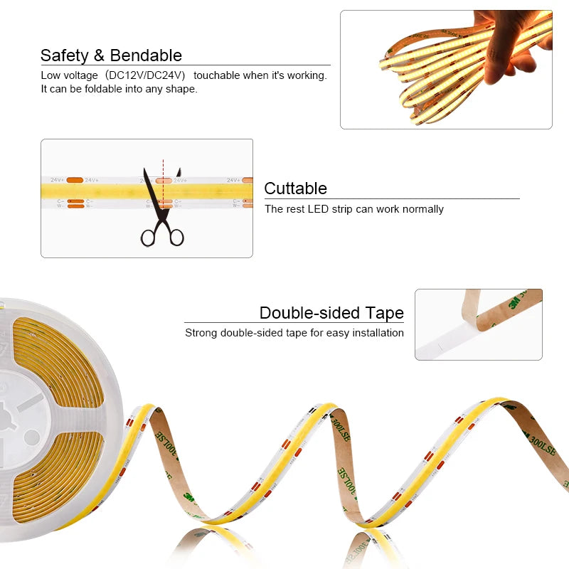 Striscia LED COB CCT 5 m, 608 LED/m, dimmabile 12‑24 V, temperatura colore…