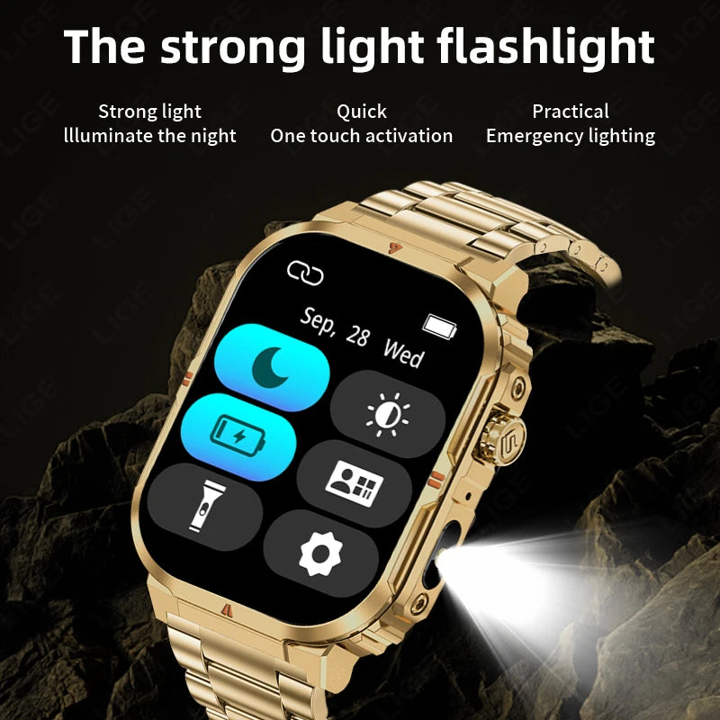 Smartwatch sportivo 2.01\" HD con chiamata, assistente vocale, torcia - IP68