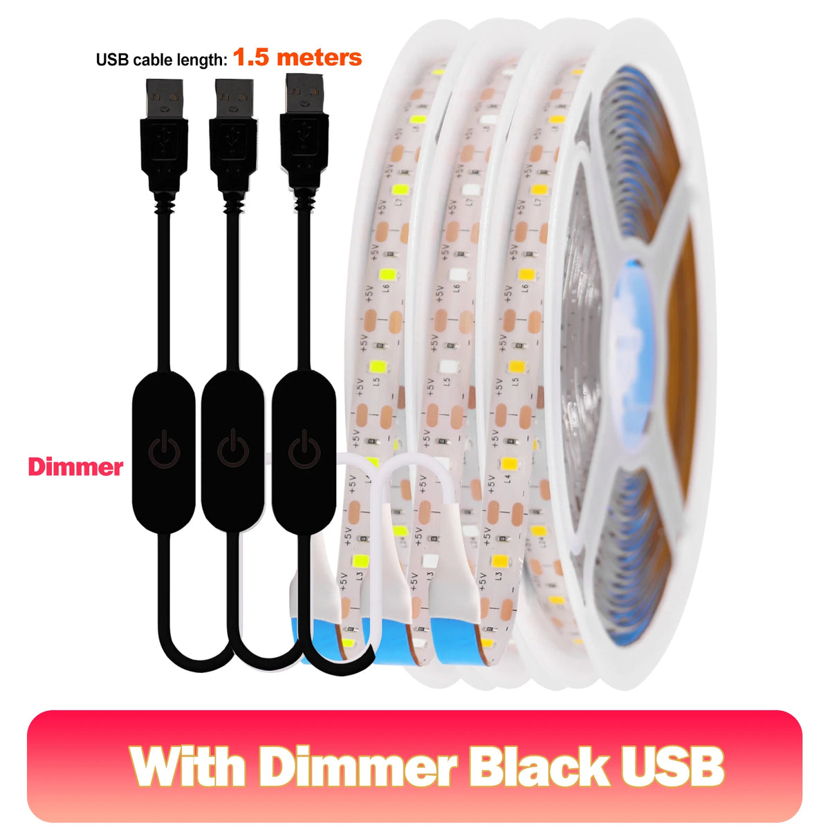 Striscia LED 5V USB 2835, 60 LED/m, luce bianca calda e blu, impermeabile