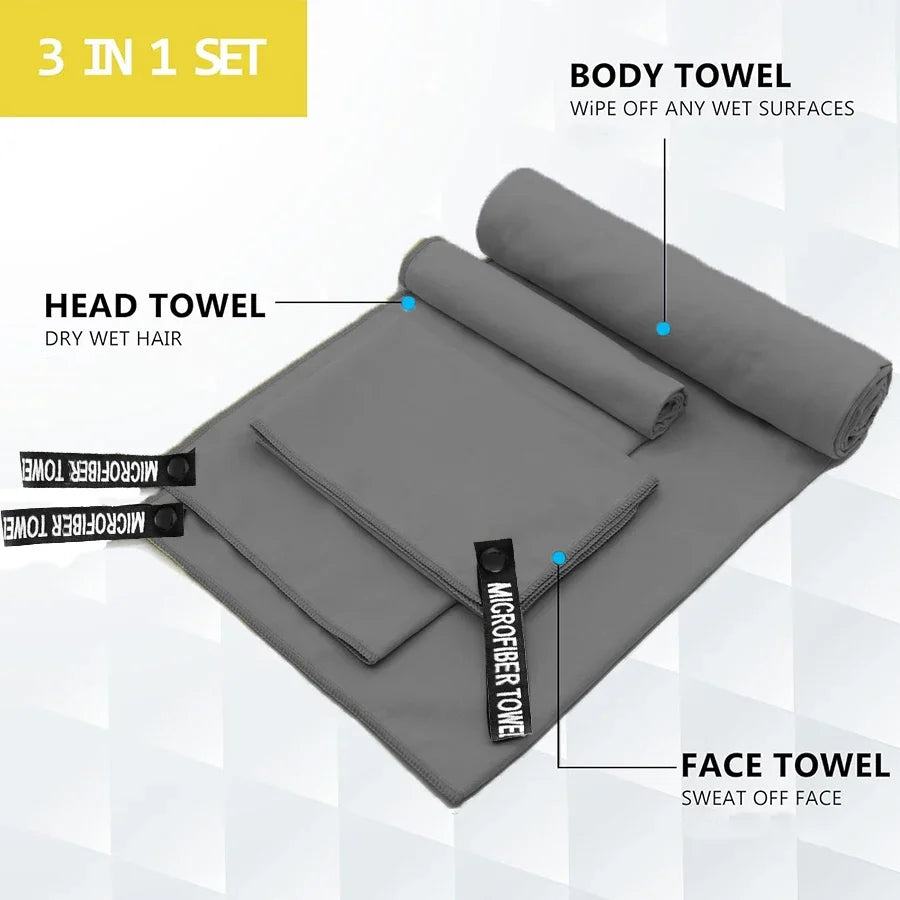 3PCS Quick Dry Beach Towel, Microfiber Travel Towel 3 Size in 1 Pack,Fast Drying Towel Set for Camping, Beach, Gym, Sports, Yoga