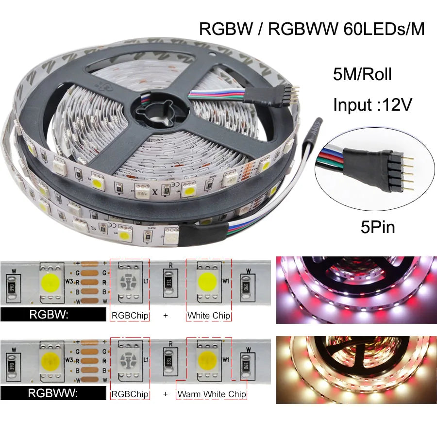 Striscia LED 5050 5 m 12‑24 V RGB/bianco caldo, impermeabile e flessibile