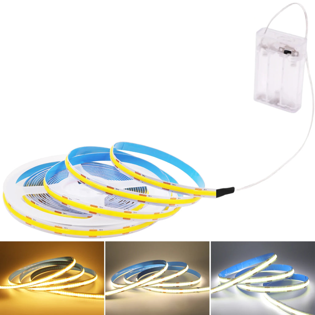 Striscia LED COB 5V 320 LED/m, alimentata da 3 AA, colori 3000‑6000K, 0,5‑5 m