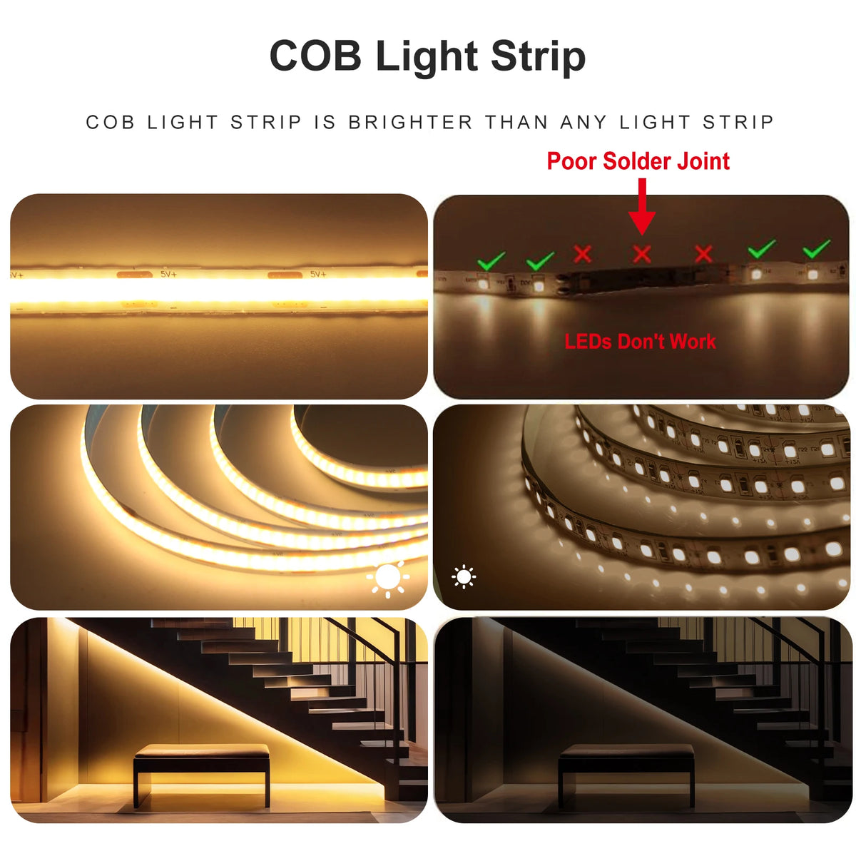 Striscia LED COB 5V 320 LED/m, alimentata da 3 AA, colori 3000‑6000K, 0,5‑5 m