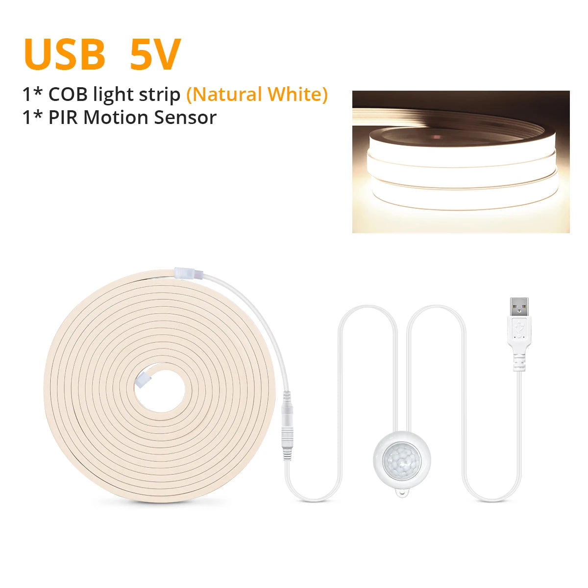 Striscia LED Neon COB con Sensore di Movimento, 320 LED/m, 5V USB, Impermeabile