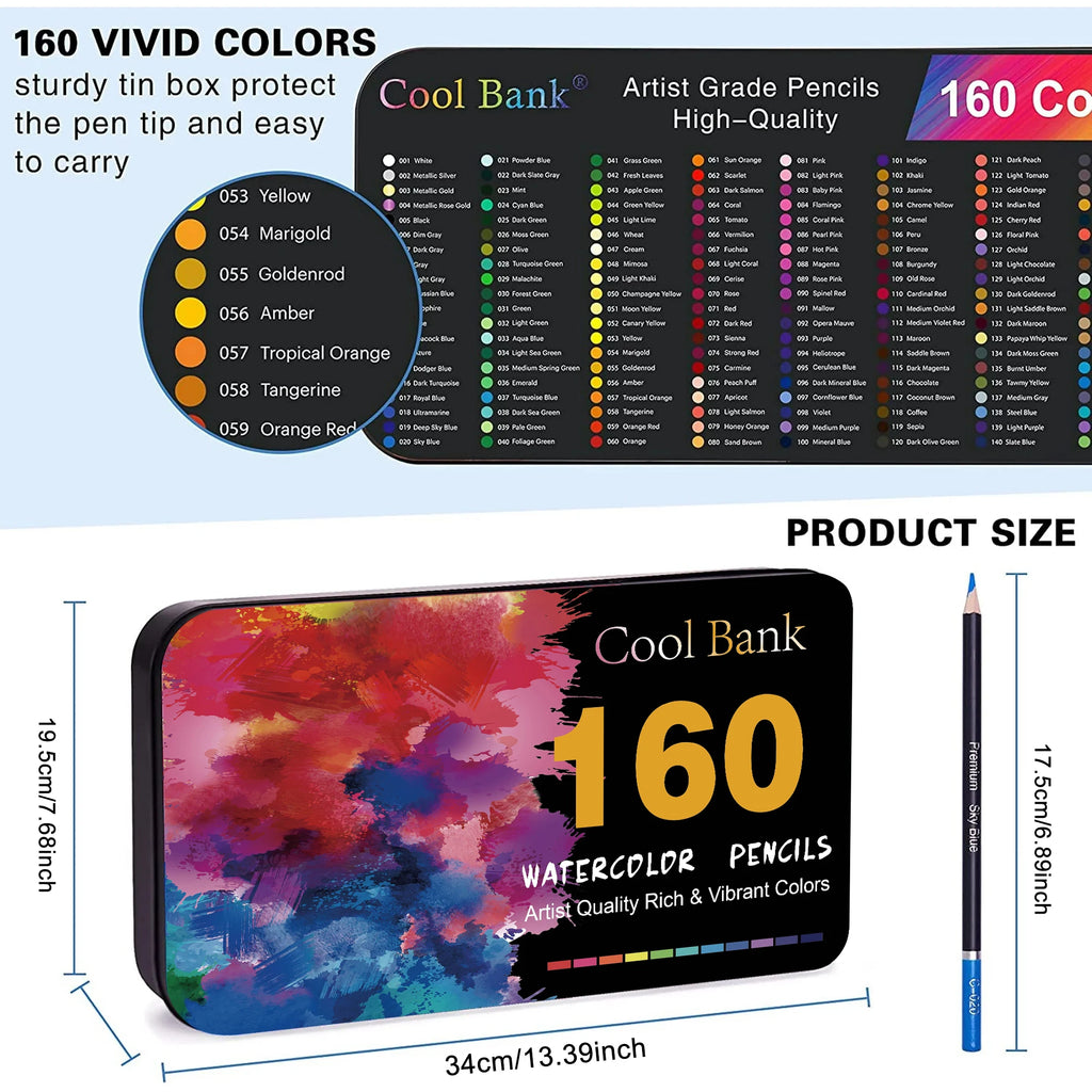 72/120/160 Watercolour Pencils Set, Premium Pigments for Mixing, Drawing For Artists, in Tin Presentation Box