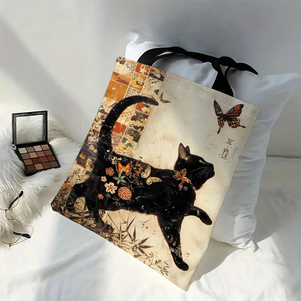 Borsa tote quadrata in lino bianco e nero con stampa gatto – shopper…