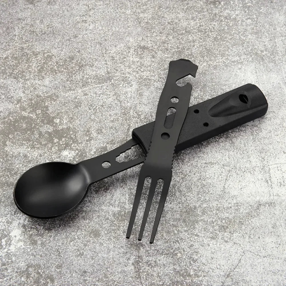 Outdoor Set Multi functional Camping Knives Camping Tableware Outdoor Wind Combination Stainless Steel with Whistle Spoon Fork