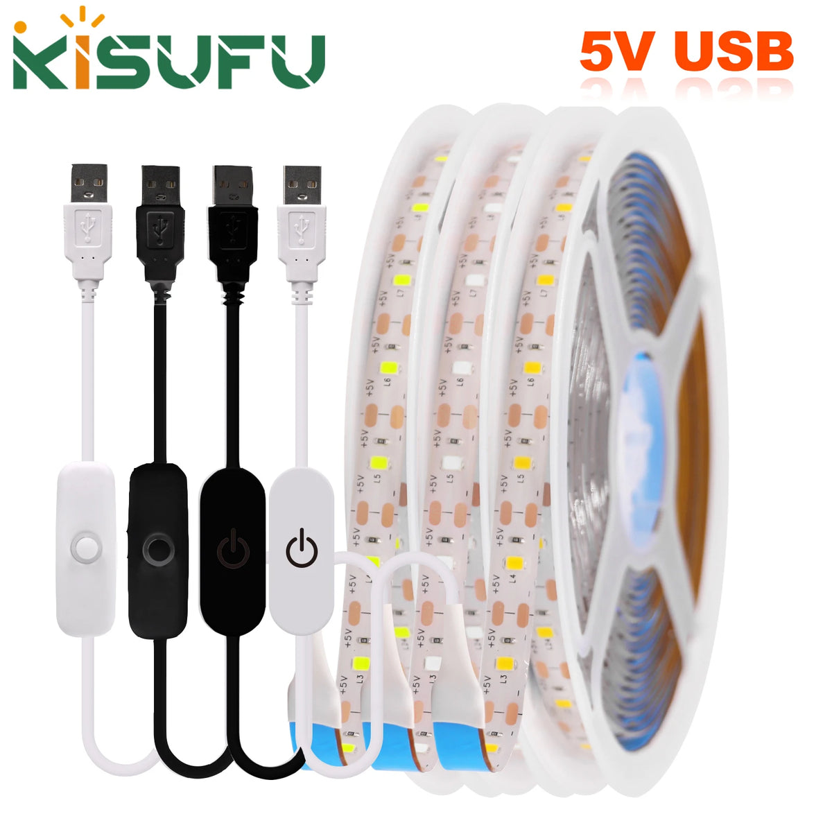 Striscia LED 5V USB 2835, 60 LED/m, luce bianca calda e blu, impermeabile