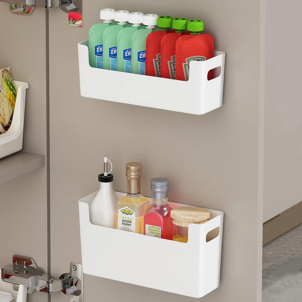 WORTHBUY Wall Mounted Punch Free Self Adhesive Storage Rack Holder Cabinet Door Plastic Organizer Shelf Kitchen Accessories