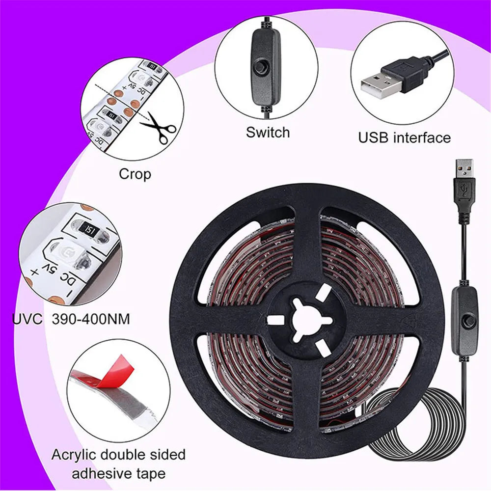 UV Led Strip Light 5V UVA Light 395-405nm SMD2835 Ultraviolet Ray LED Diode Ribbon Purple Tape Lamp USB With Switch 60LEDs/m