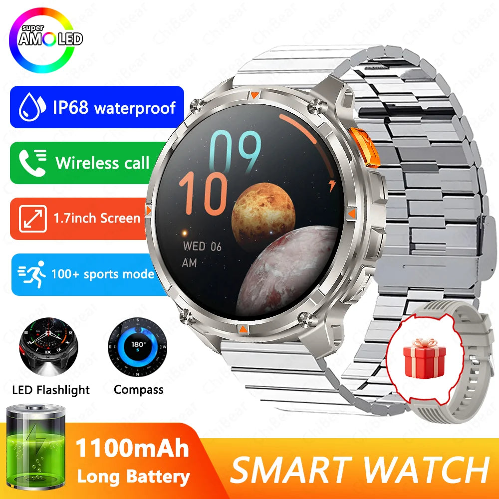 Military-Style 5ATM Waterproof GPS Sports Smartwatch with Compass