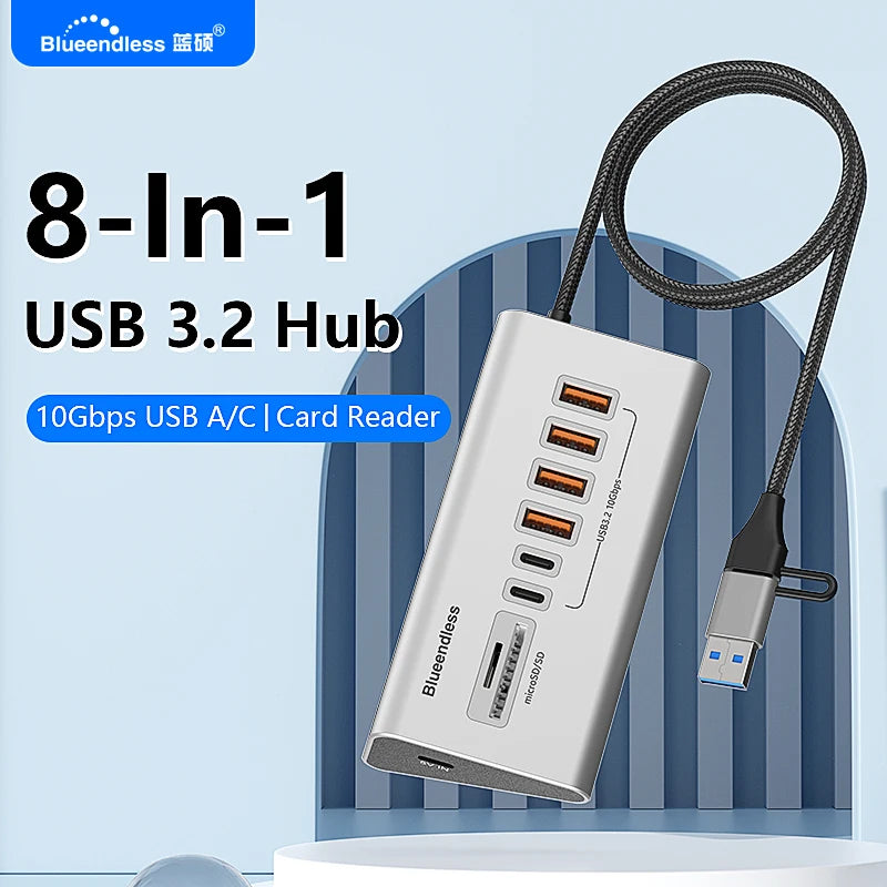 Hub docking USB‑C 10 Gbps 4/10 porte alluminio con lettore SD/TF