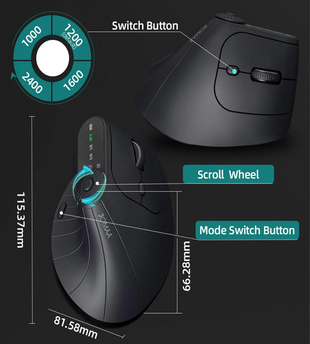 Mouse verticale wireless 2.4GHz e Bluetooth con LED e DPI 2400 ricaricabile