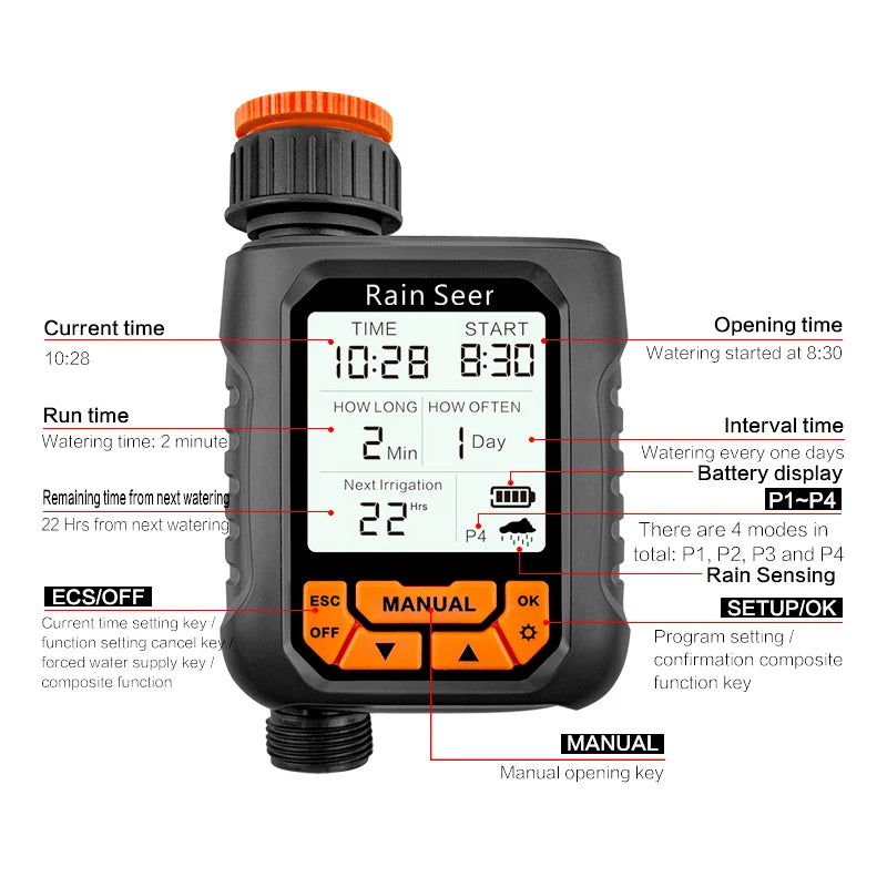 Timer irrigazione con display LCD grande, impermeabile IP65, automatico