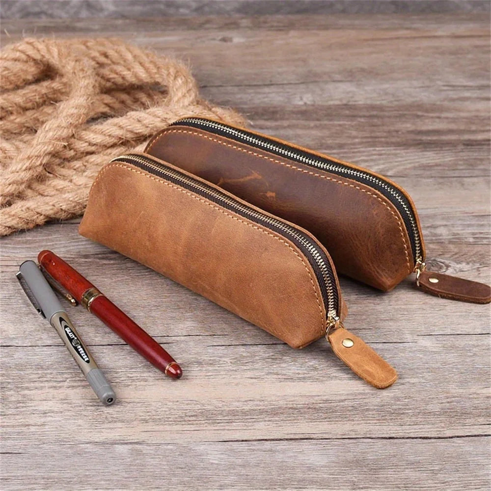 Vintage Leather Pencil Bag Simple Stationery Hoder Pen Case Storage Bag Zipper Pencil Pouch Glasses Box School Supplies