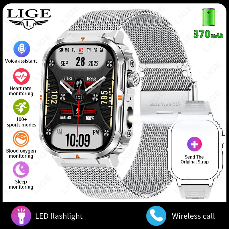 Smartwatch sportivo 2.01\" HD con chiamata, assistente vocale, torcia - IP68