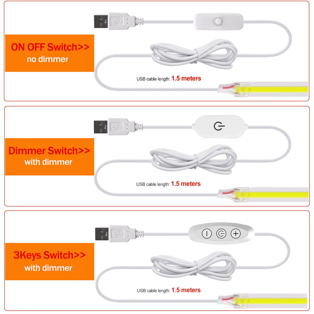 Striscia LED COB 5V USB dimmerabile, 320 LED/m, luce bianca regolabile