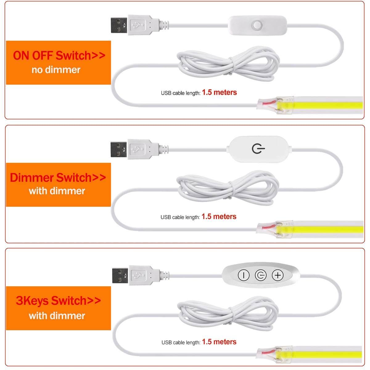 Striscia LED COB 5V USB dimmerabile, 320 LED/m, luce bianca regolabile