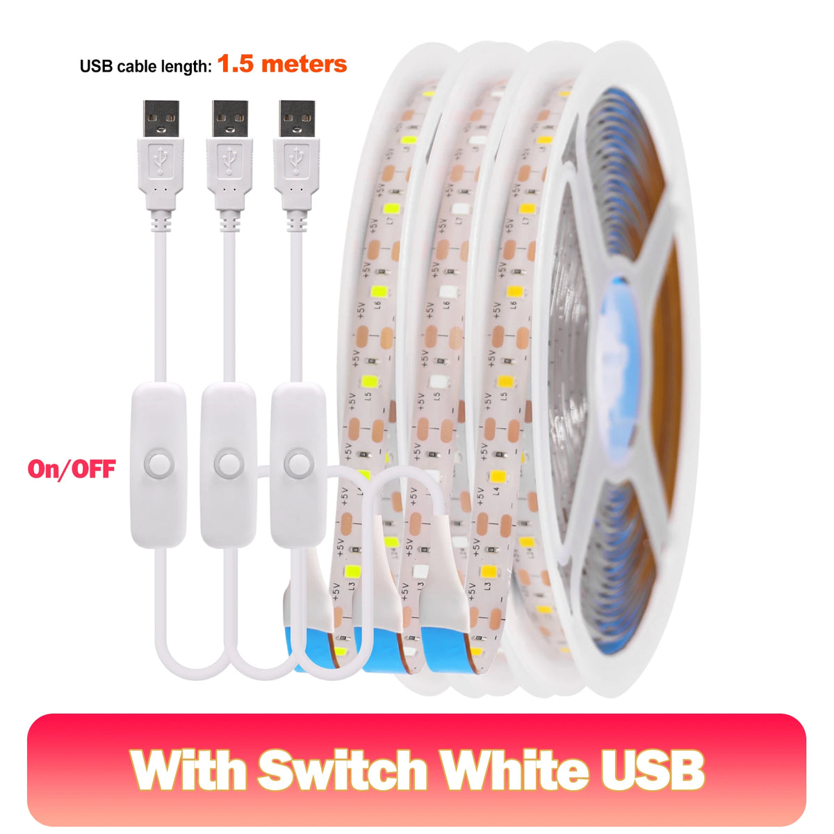 Striscia LED 5V USB 2835, 60 LED/m, luce bianca calda e blu, impermeabile