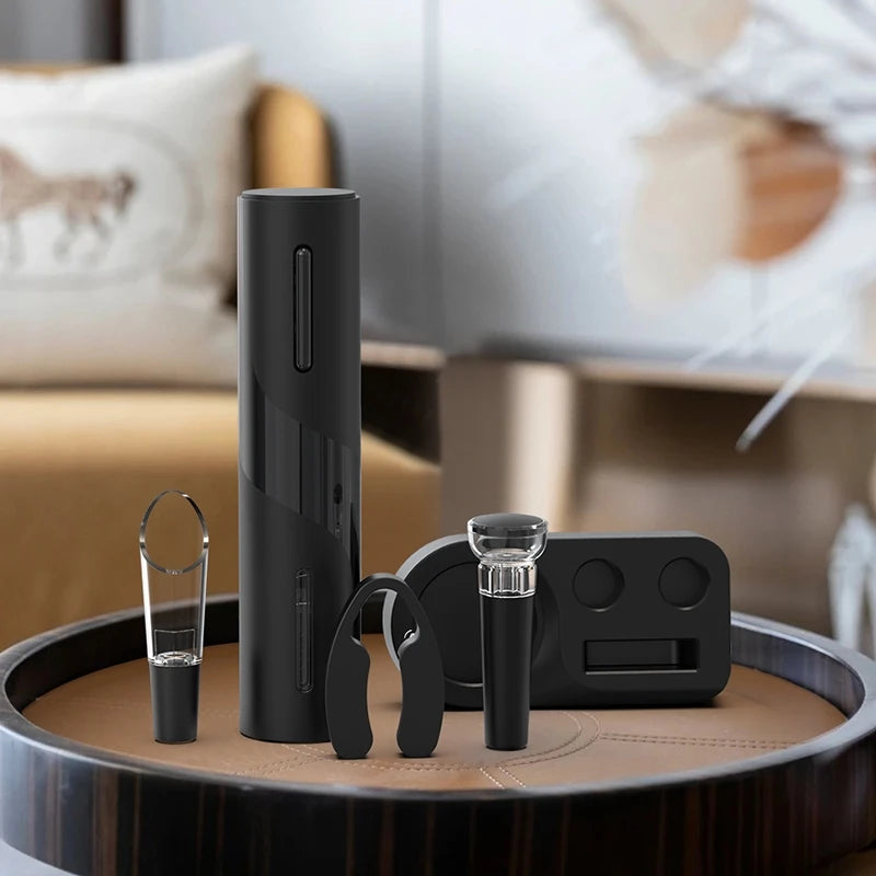Apertura elettrica per vino con supporto, tagliacapsula, versatore e tappo