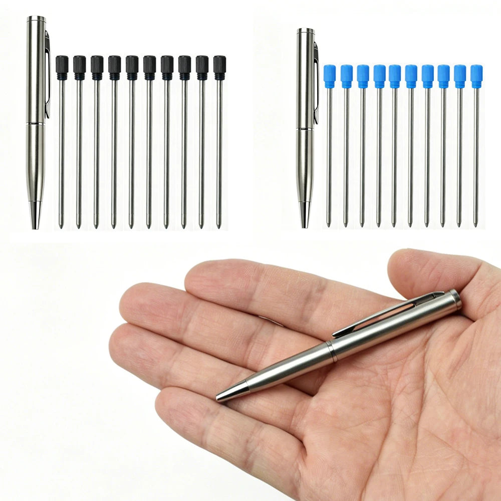 Portable Twist Tiny Ballpoint Pen Set Pocket-Sized Pen + 10 Black/Blue Ink Refills 0.7mm Point Metal Pocket Ballpen Travel Daily