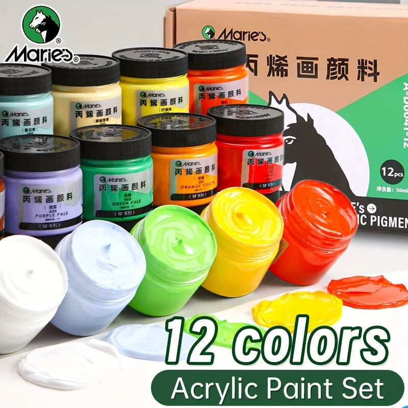 Set Acrylic Paint 12 Colori 50ml per Pittura su Tela, Legno, Vetro e Porcellana