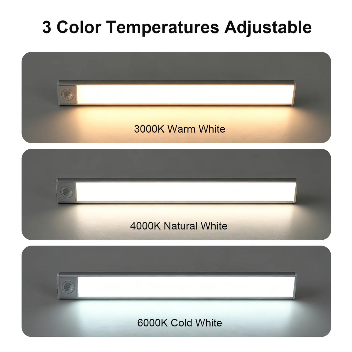 Lampada LED ricaricabile con sensore di movimento, 3 colori per armadi e cucina