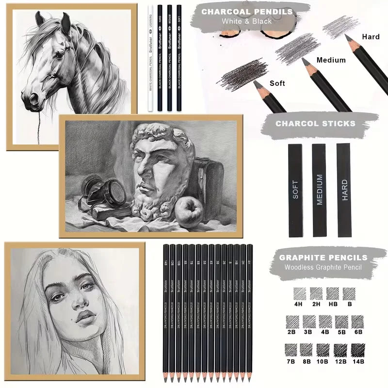 Brutfuner 18/29 Pro Professional Artist Sketching & Drawing Pencil Set with Charcoal, Erasers, Sharpener & Stumps