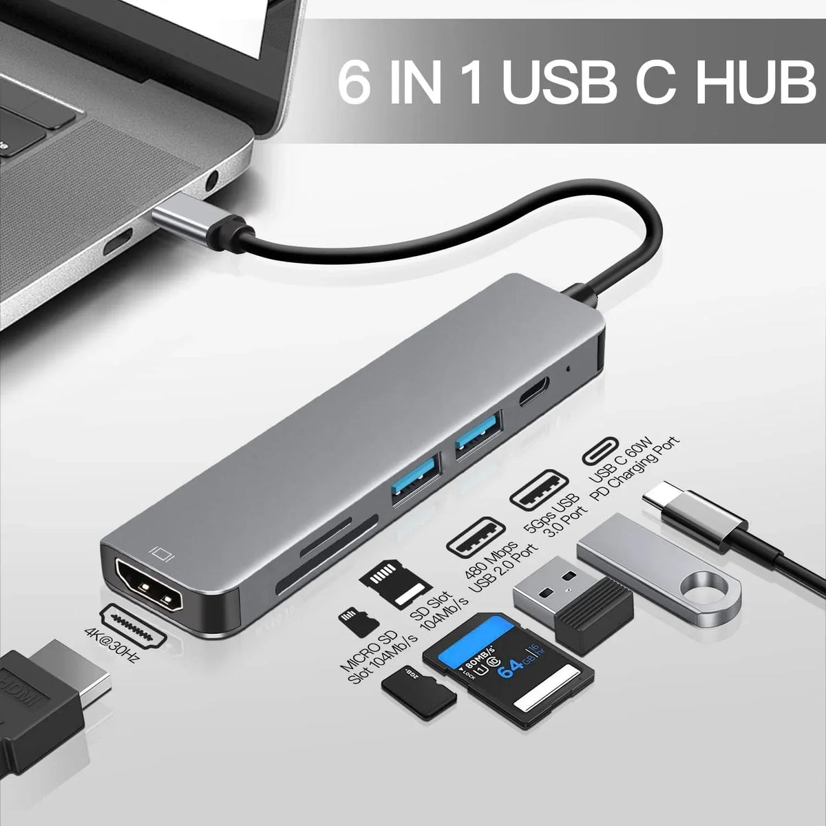 Hub USB‑C 5 porte con HDMI 4K e Power Delivery fino a 87 W