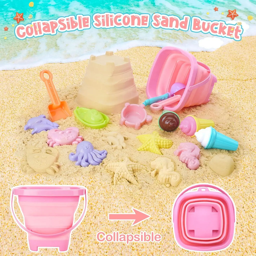 Set Spiaggia 20 Pezzi per Bambini: Secchiello Pieghevole, Palette, Stampo Sabbia