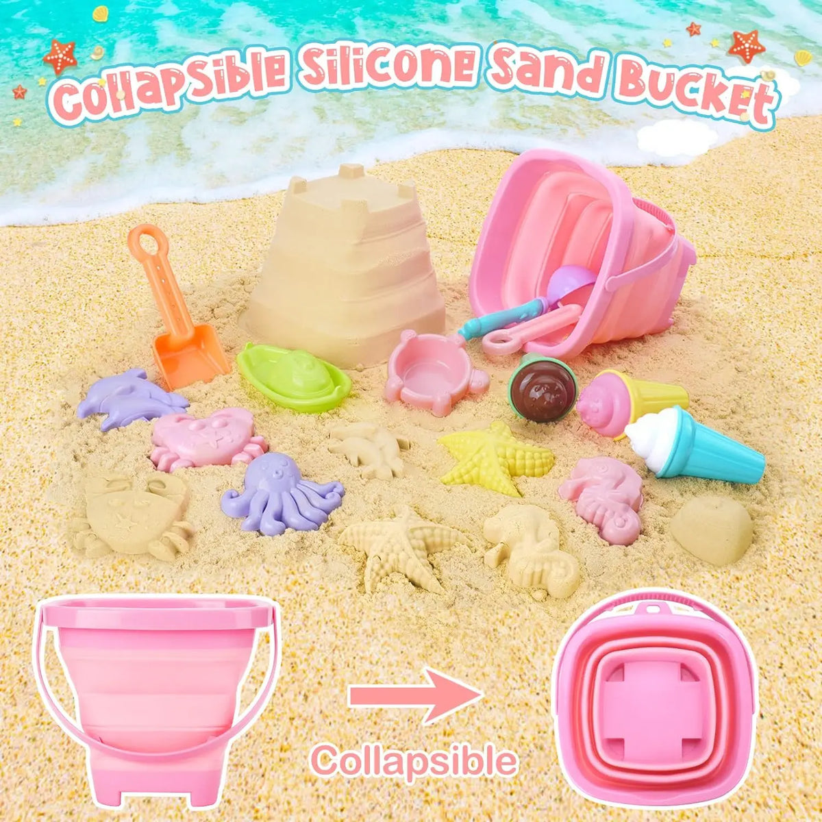Set Spiaggia 20 Pezzi per Bambini: Secchiello Pieghevole, Palette, Stampo Sabbia